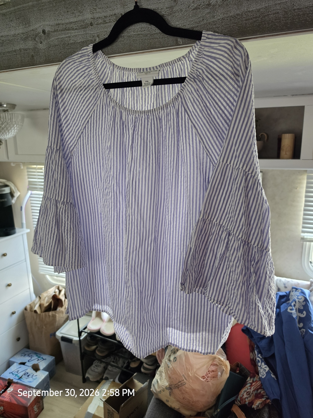 Liz Claiborne Lavender & White Striped Peasant Top